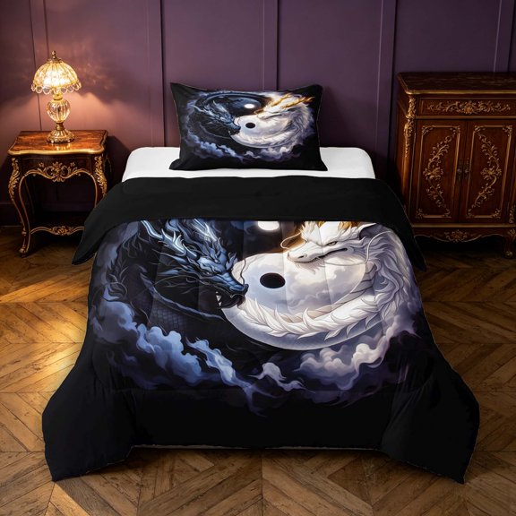 Manfei Eastern Dragon Animals Twin Comforter Sets,Traditional Wildlife Bedding Set,Purple Black,Black Reversible,2pcs,1 Comforter and 1 Pillowcase
