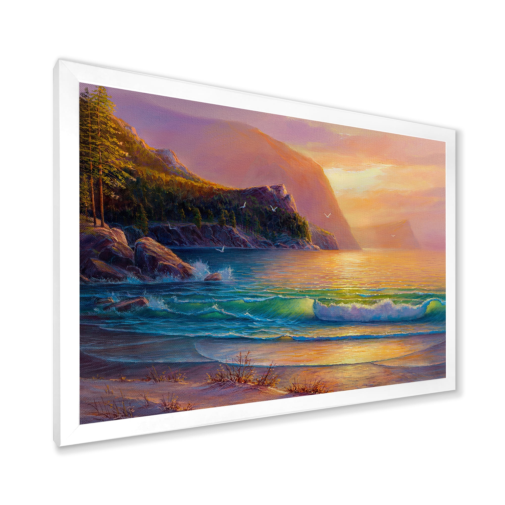 Romantic Beach During Warm Evening 40 in x 30 in Framed Painting Canvas Art Print, by Designart