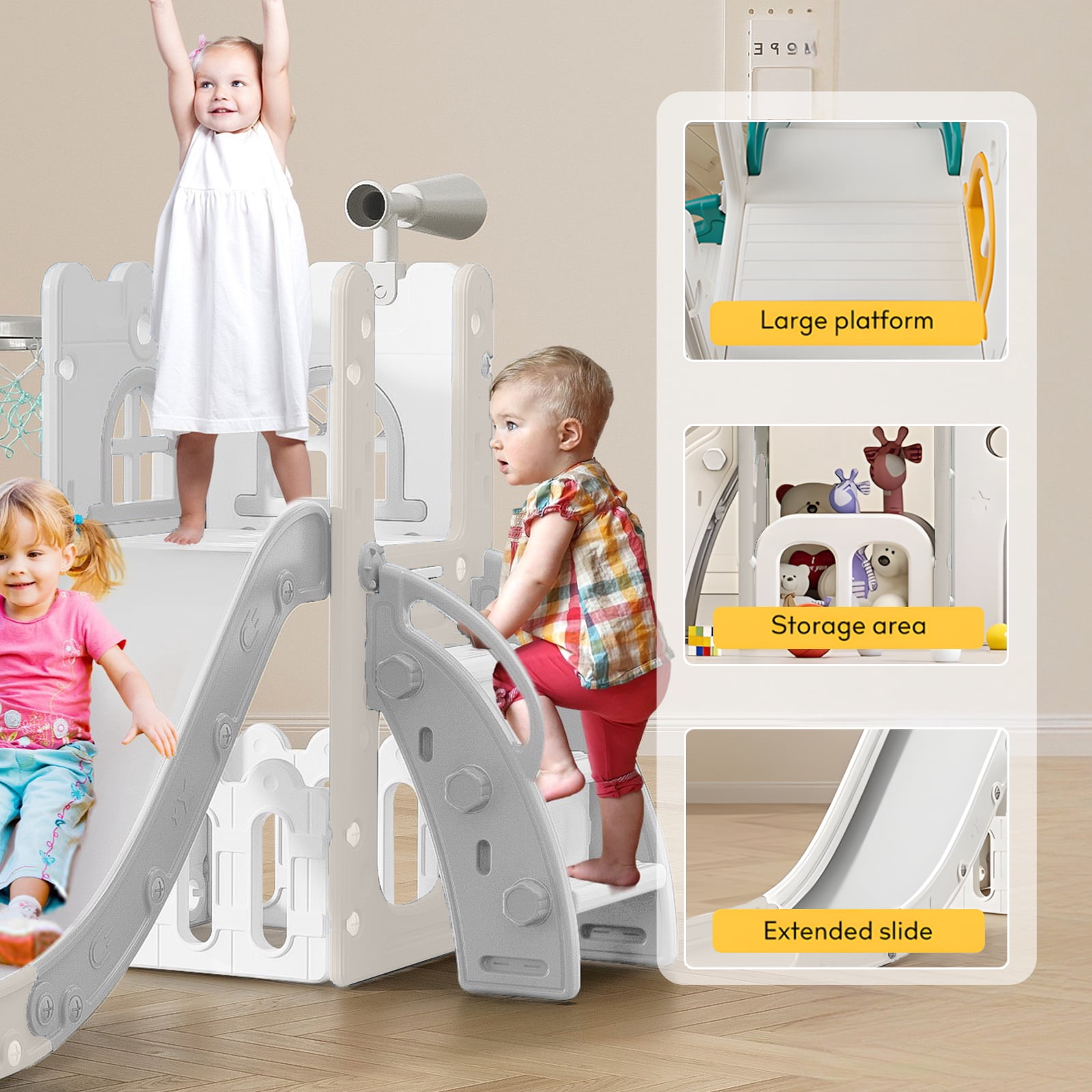 6 in 1 Kids Indoor Slide for Toddlers 1-3,Grey,Baby Slide for Indoor Outdoor with Basketball Hoop and Telescope,L Shaped Slide