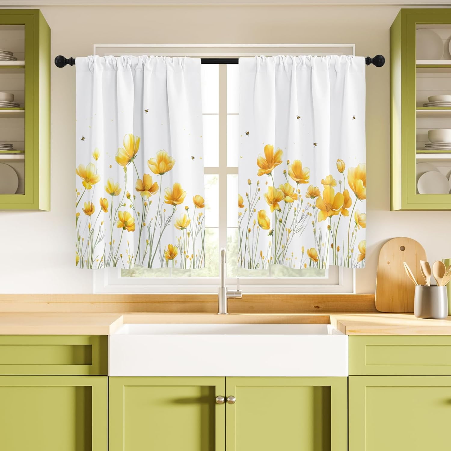 Kitchen Curtains (2 Pcs) Over Sink for Bathroom Window Cafe Basement Cortinas para Cocina Farmhouse Short Mini Curtain Flower Bee Summer Daisy Elegant Country Rustic Modern Cute - 27.5×36"
