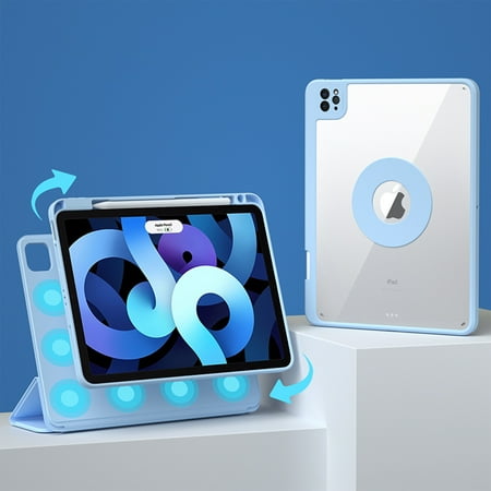 Dteck for iPad 10th Generation Case 10.9-inch, Removable 360° Rotating Clear Magnetic Case with Hidden Pencil Holder and Tri-fold PU Leather for iPad 10th Gen 2022,Blue