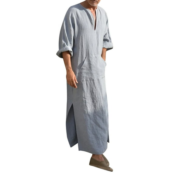 PIOMLL Mens Shirts And Tops V Neck Linen Long Sleeve Kaftan Thobe Long Gown Robe Gown Light Gray Fall Tops Trendy 2XL