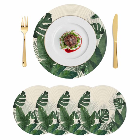 Monstera Leaves Round 15 Inch Placemats Set of 4, Summer Green Tropical Plants Leaf Beige HeatResistant Non Slip Place Mats for Dining Table, Wipeable Braided Kitchen Table Mats for Housewarming