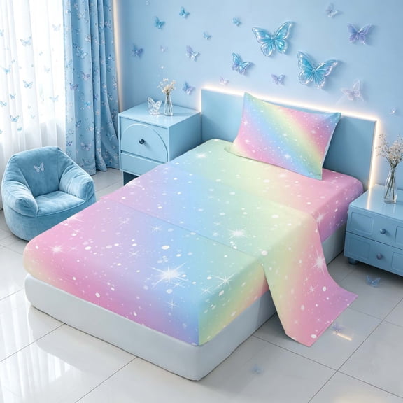 Homewish Ombre Blings Print Twin Sheets for Girls, Cute Rainbow Bedding, 3pcs (1 Flat Sheet, 1 Fitted Sheet and 1 Pillowcase)