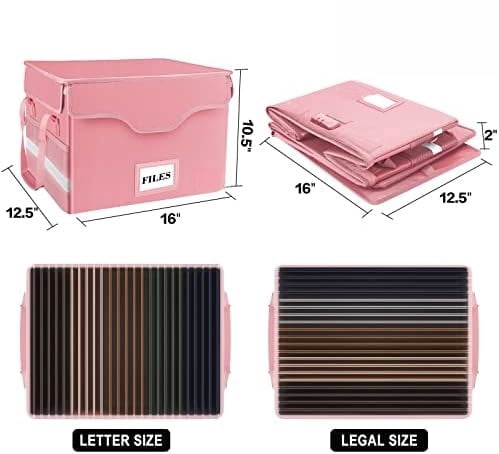 Fireproof Document Box with Lock,File Storage Organizer with Pockets,Collapsible Portable File Box Home Office Safe Filing Cabinet with Handle for Hanging Letter/Legal Folders,Pink,2 Pack