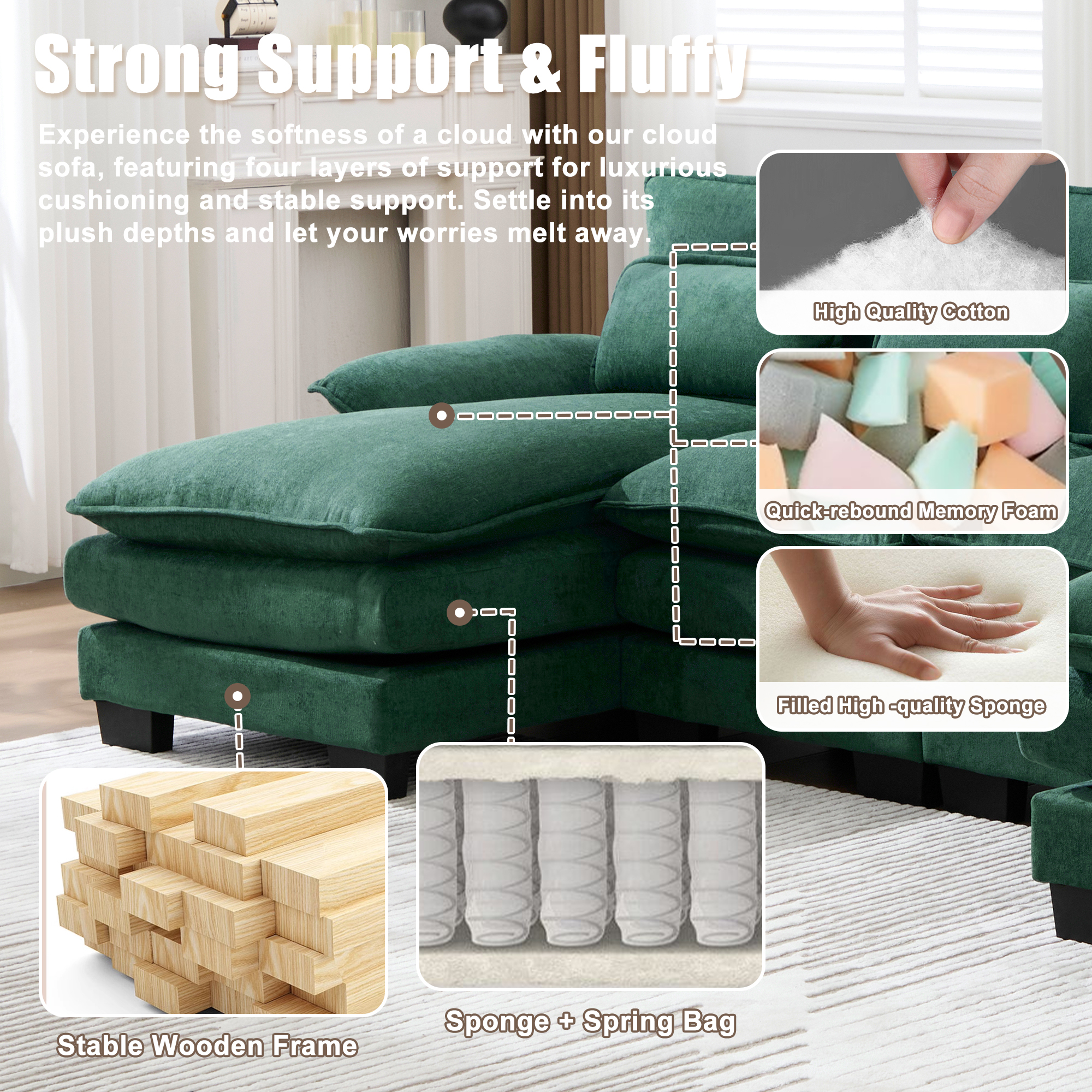 MOONMISS Chenille Upholstered U-Shaped Modular Wood Frame Sleeper Sectional Sofa with Double Chaise-Emerald