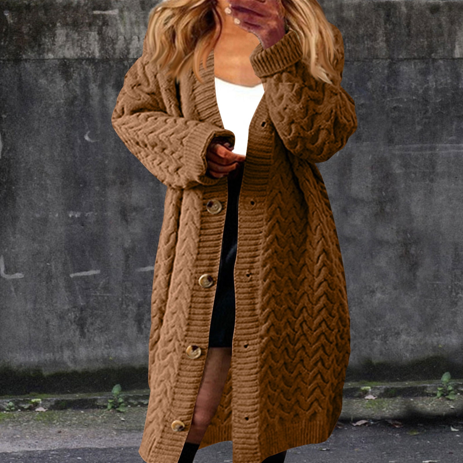 Womens Long Sweater Cardigans Chunky Cable Knit Button Down Baggy Jackets Mid Length Outerwear with Ribbed Details (XL, Brown) - image 4