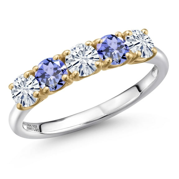 Gem Stone King 925 Silver and 10K Yellow Gold White Moissanite and Blue Tanzanite Wedding-Bands Ring for Women | 1.29 Cttw | Round 4MM | Gemstone Birthstone | Size 5