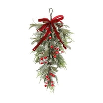 CoudarTitie Christmas Teardrop Swag Artificial Wreath Bowknot Greenery Leaves Cones Berries Front Door Wreath Garland for Decorating Home