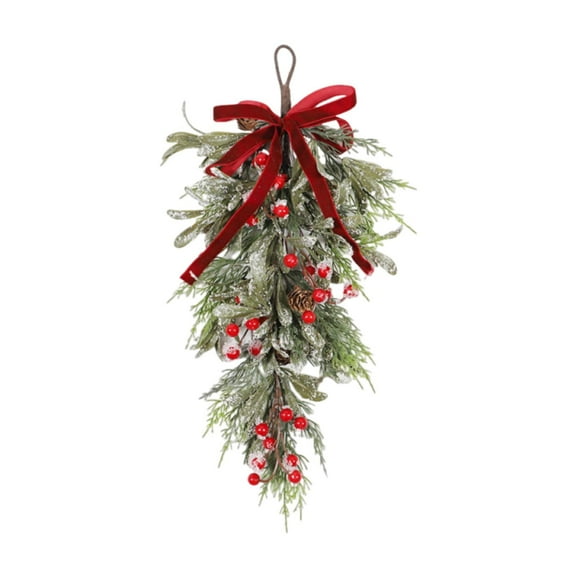 CoudarTitie Christmas Teardrop Swag Artificial Wreath Bowknot Greenery Leaves Cones Berries Front Door Wreath Garland for Decorating Home