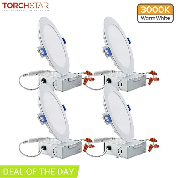 TORCHSTAR 6 Inch 12W Dimmable Slim LED Downlight with J-Box, 100W Eqv. Ultra Thin Recessed Lighting, 1000lm, 3000K Warm White, ETL & Energy Star Certified, Pack of 4