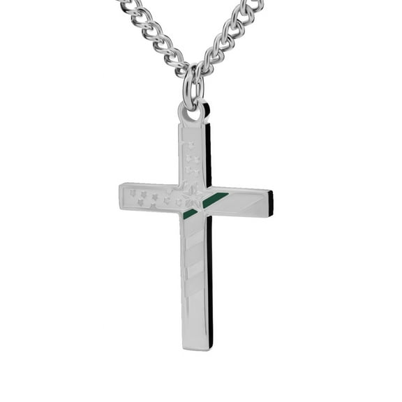 Women's Stainless Steel Thin Green Line Cross Necklace-Joshua 1:9 by Shields of Strength