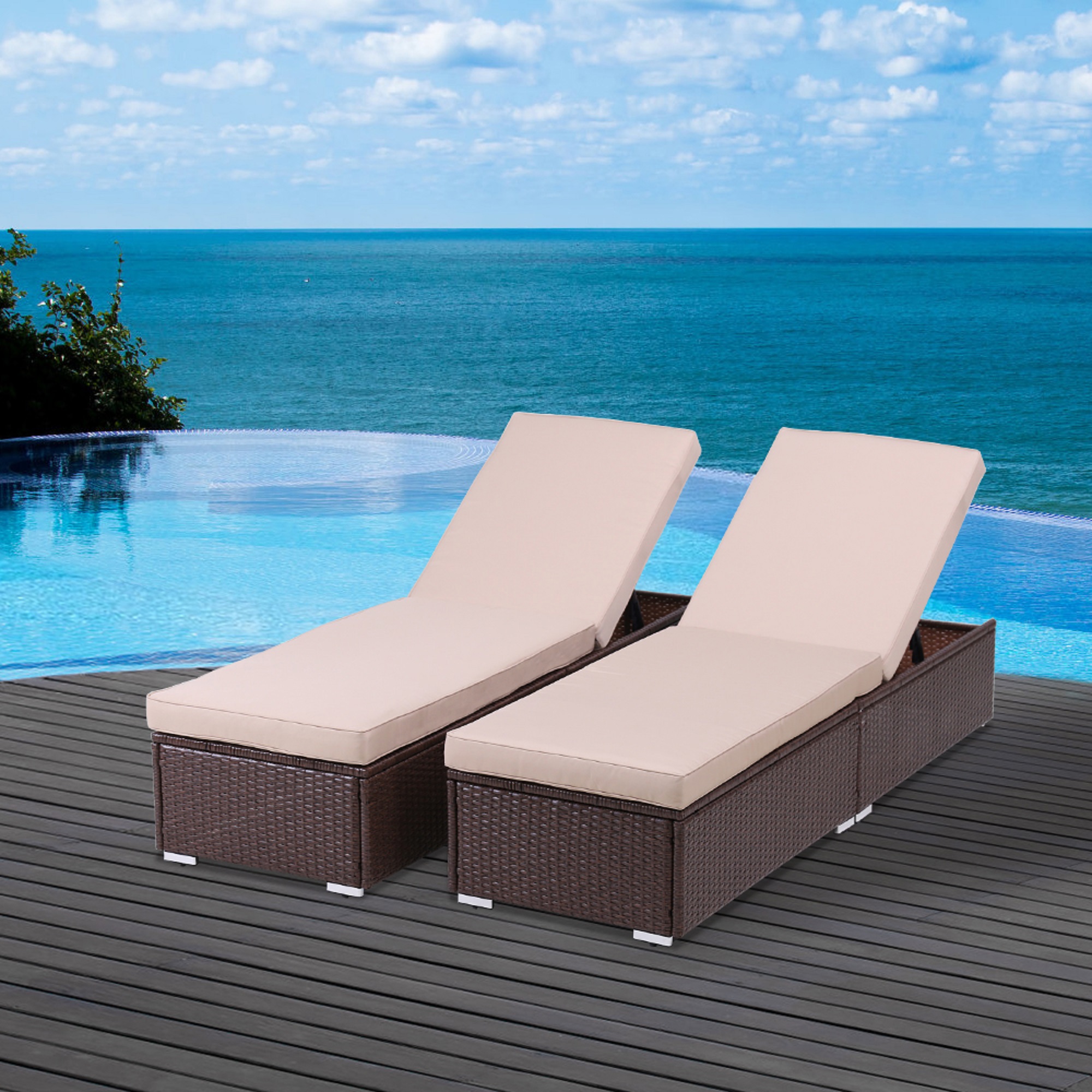 Cozyhom 2 Pieces Patio Chaise Lounge Chair,Brown Wicker Reclining