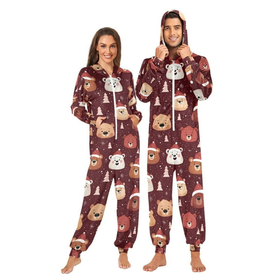 Adult Christmas Onesie Cute Christmas Bear Zipper One-Piece Pajamas Unisex with Pockets
