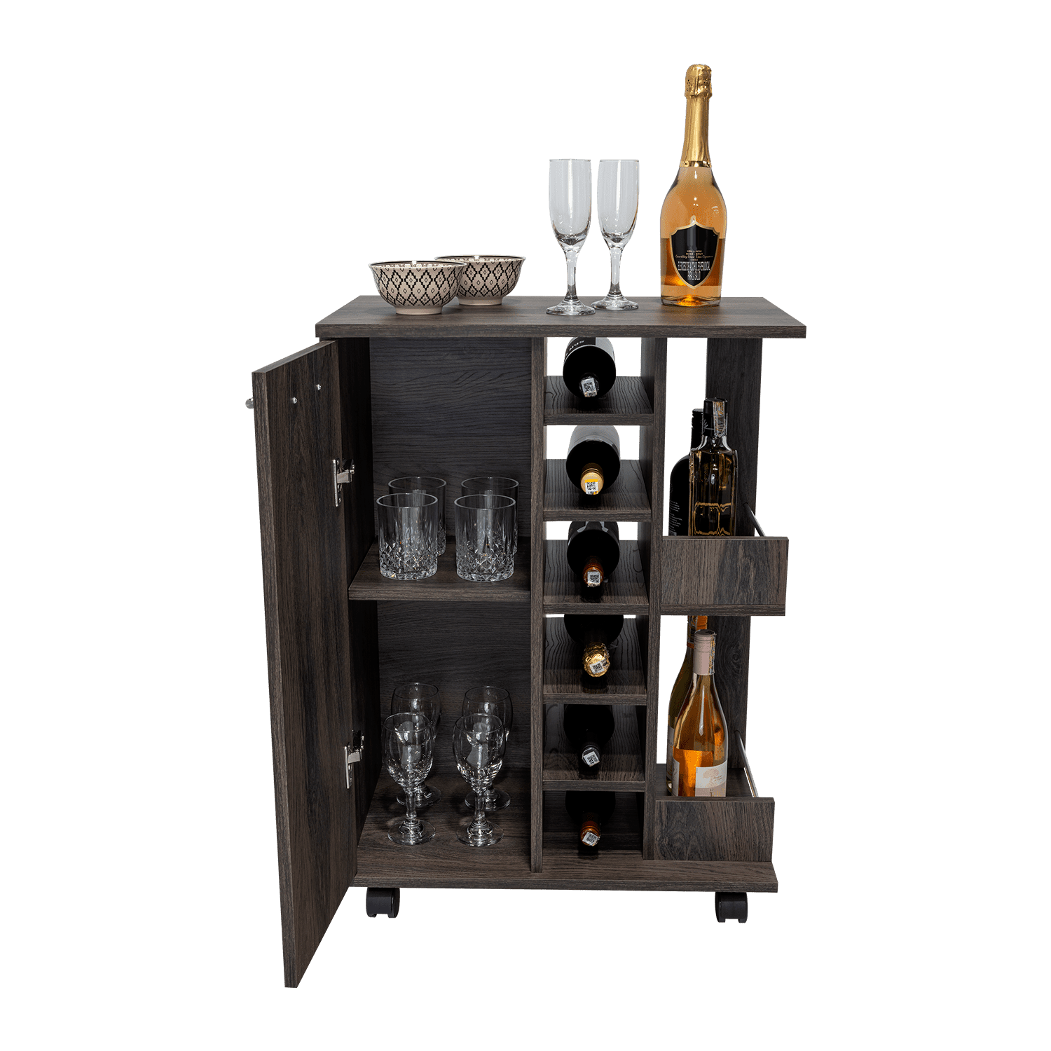 Bar Cart, Two External Shelves, Four Casters, Six Built-in Wine Rack, Single Door Cabinet -Espresso