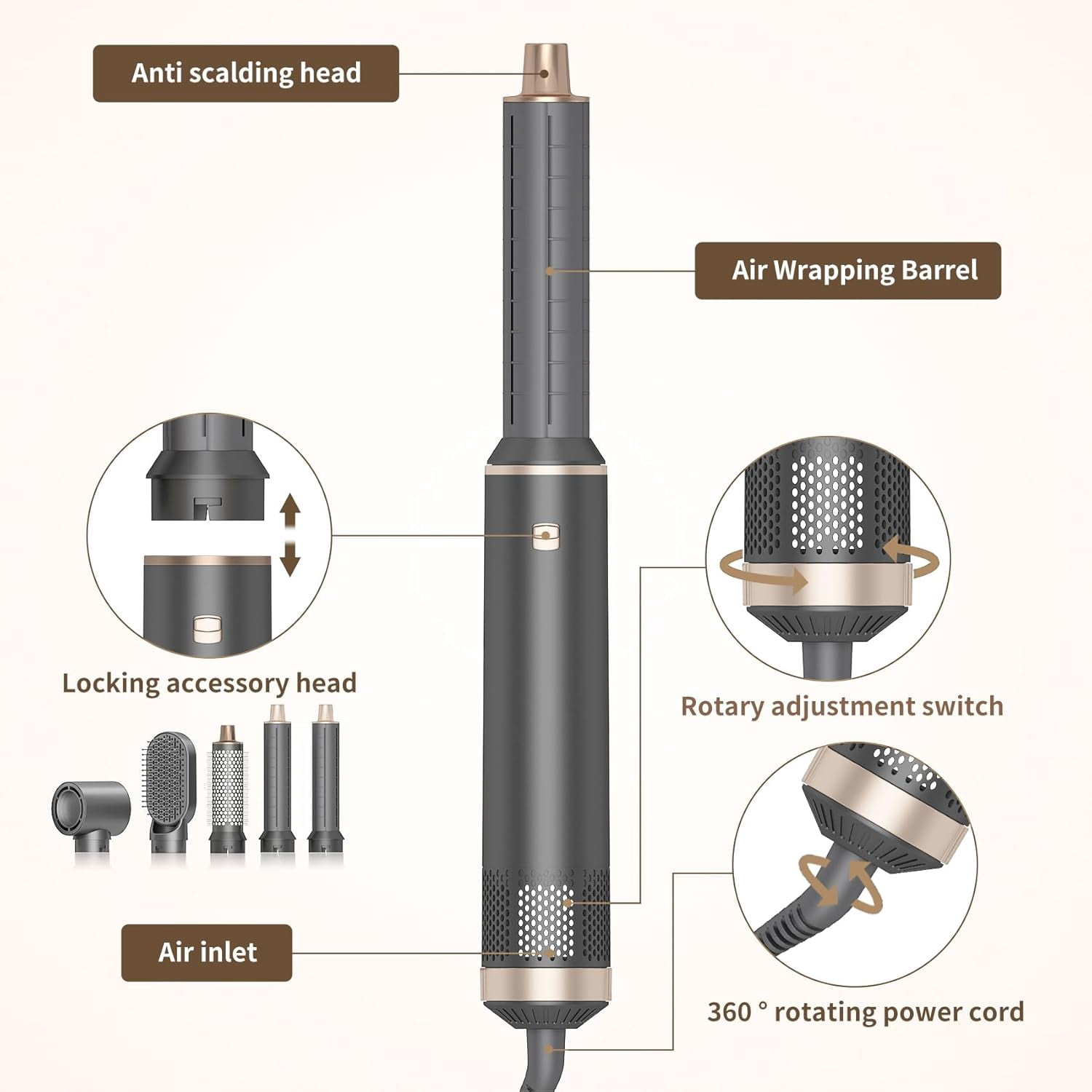 5 in 1 Hair Dryer Brush Hot Air Curling Brush Negative Ion Air Styler for Home & Travel