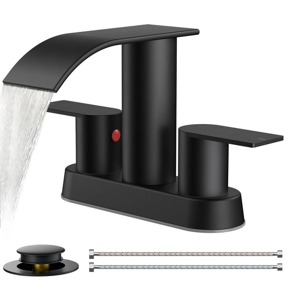 FORIOUS Matte Black Bathroom Sink Faucet, Waterfall 4 Inch Centerset Bathroom Faucets with Metal Pop up Drain and cUPC Hose for Basin,Vanity, Rv, Lavatory 2 or 3 Hole Sink