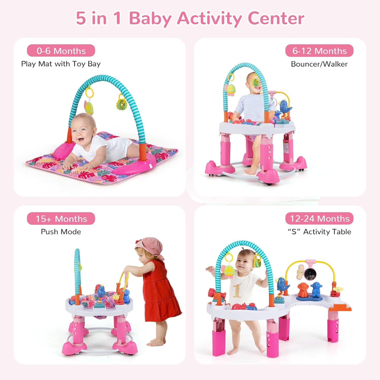 INFANS 5 in 1 Baby Activity Center with 8 Toys, Play Mat, 360°Rotating Seat, Foldable Infant Learning Table with 3 Adjustable Height for 0-24 Months