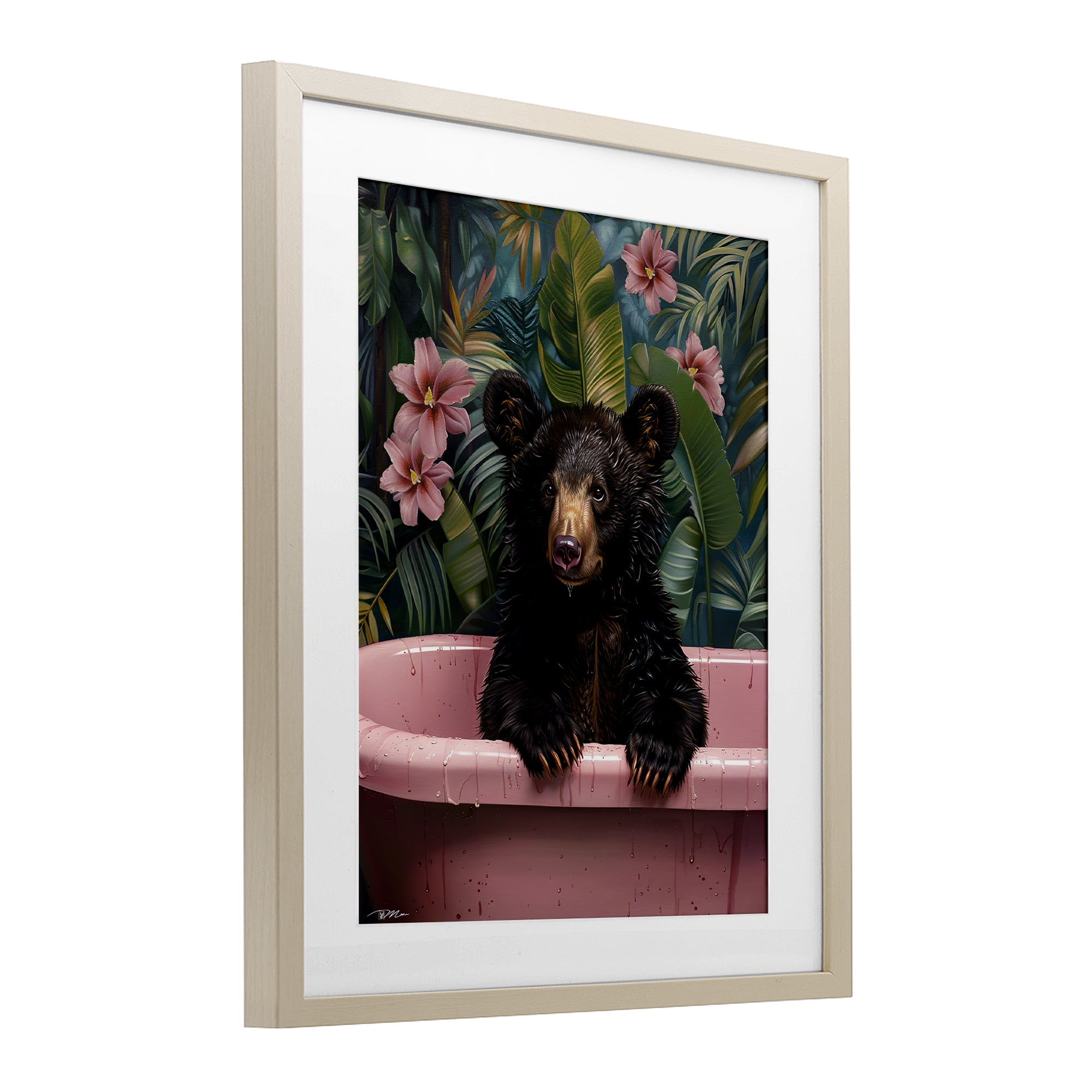 Bruno Bear in Pink Tub Birch Framed Print Under Glass, design by Momart