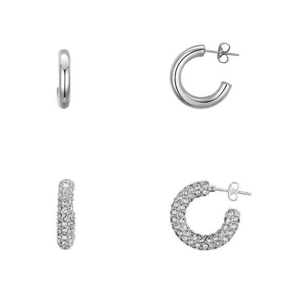 Believe by Brilliance Women's Fine Silver Plated Crystal and Plain Chunky Post Hoop Earring Set