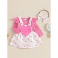 thumbnail image 3 of Suealasg 3Pcs Baby Girl Valentines Day Outfit Heart Ruffle Long Sleeve Ribbed Romper Bear Patch Overall Dress Bow Headband Set 3M 6M 12M 18M Infant Girls Spring Clothes, 3 of 7