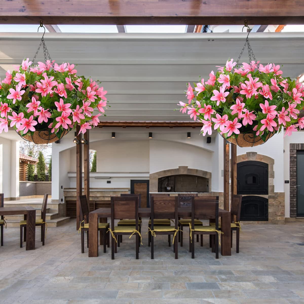 Artificial Flowers Hanging Basket for Outdoor Indoor, Fake Orchid Flowers in Coconut Lining Hanging Basket for Home Courtyard Decoration, 5 Branches Flowers in 12'' Basket(Pink)