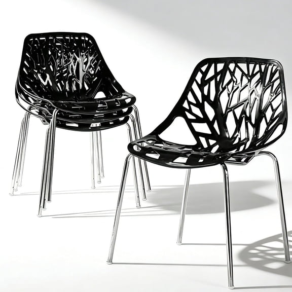 Stackable Dining Chairs Set of 4, 3-Step Assembly, 350LBS, Black | Bird's Nest Pattern, Metal Frame, Plastic, for Kitchen/Dining/Bedroom/Living Room