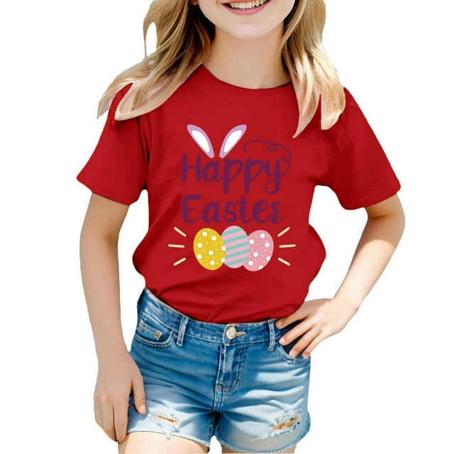 MIASHUI T-Shirt Graphique de Pâques à Manches Courtes pour Garçons, Confortable et Décontracté, Imprimé pour Filles, Rouge, 12-13 Ans