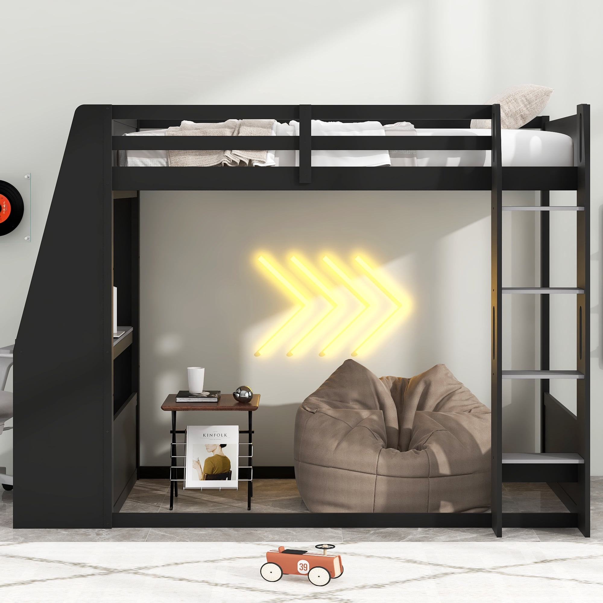 Euroco Wood Twin Size Bunk Bed with Desk and Shelves, Gaming Bed with LED Light and USB Charging, Grey