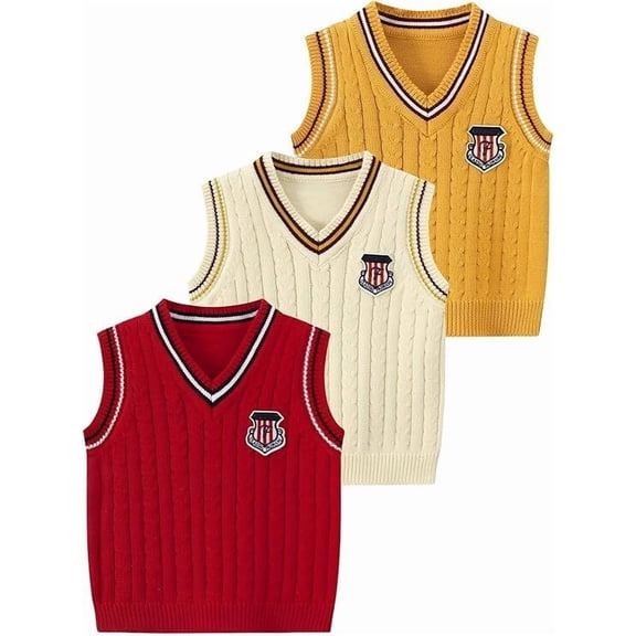 Fdqin Boys Sweater Vest 3Pcs Cable Knit V Neck Sleeveless Toddler Kid Uniform Vest Pullover Girls Fall Winter Tops,Red Beige Yellow,3-4 Years