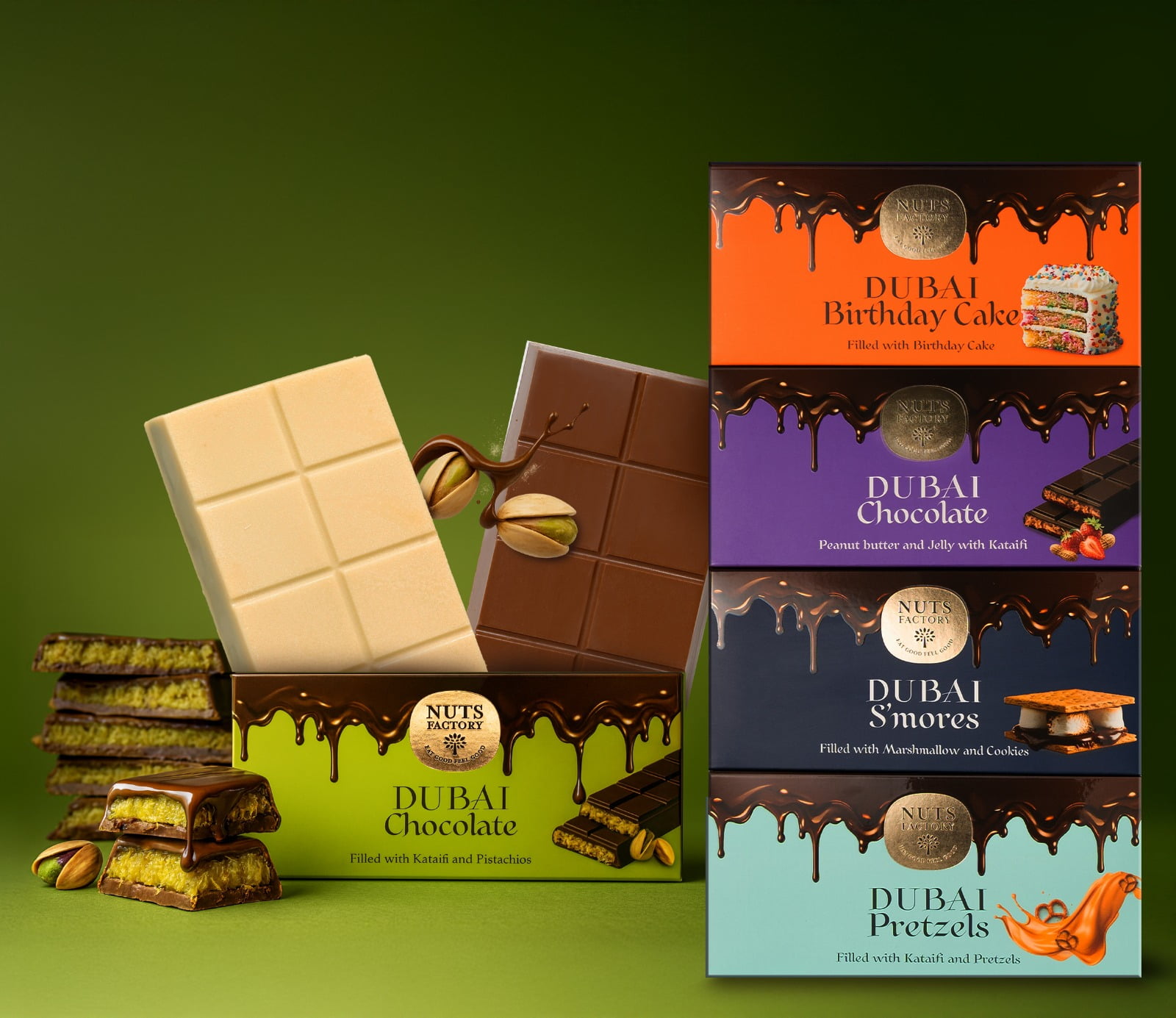 Nuts Factory Dubai Chocolate Pretzel Bars. Ranked #1 Dubai Chocolate Bar in the World (2 Premium Packs)