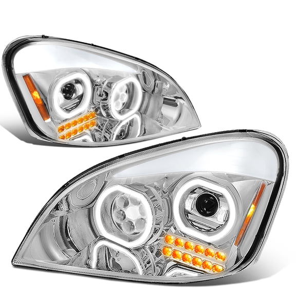 DNA Motoring HL-HAY-002-CH For 2008 to 2017 Freightliner Cascadia Chrome Housing Full LED DRL Turn Signal Halo Projector Headlight Lamp 09 10 11 12 13 14 15 16