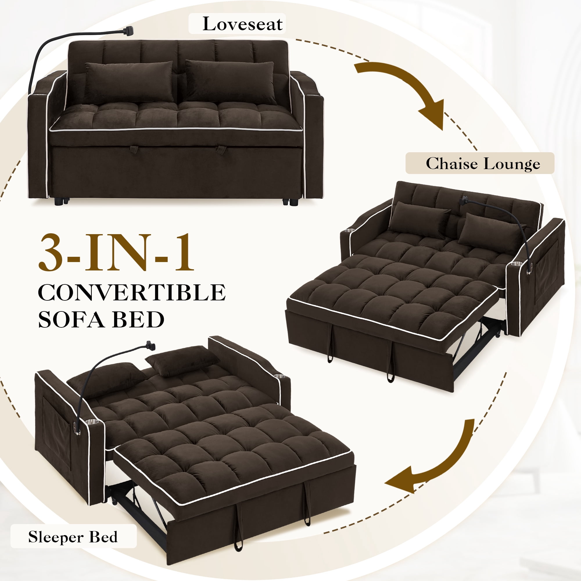 Dinosisco 4-in-1 Convertible Loveseat Sleeper, 55" Futon Sofa Bed with Phone Stand, USB, Brown Velvet