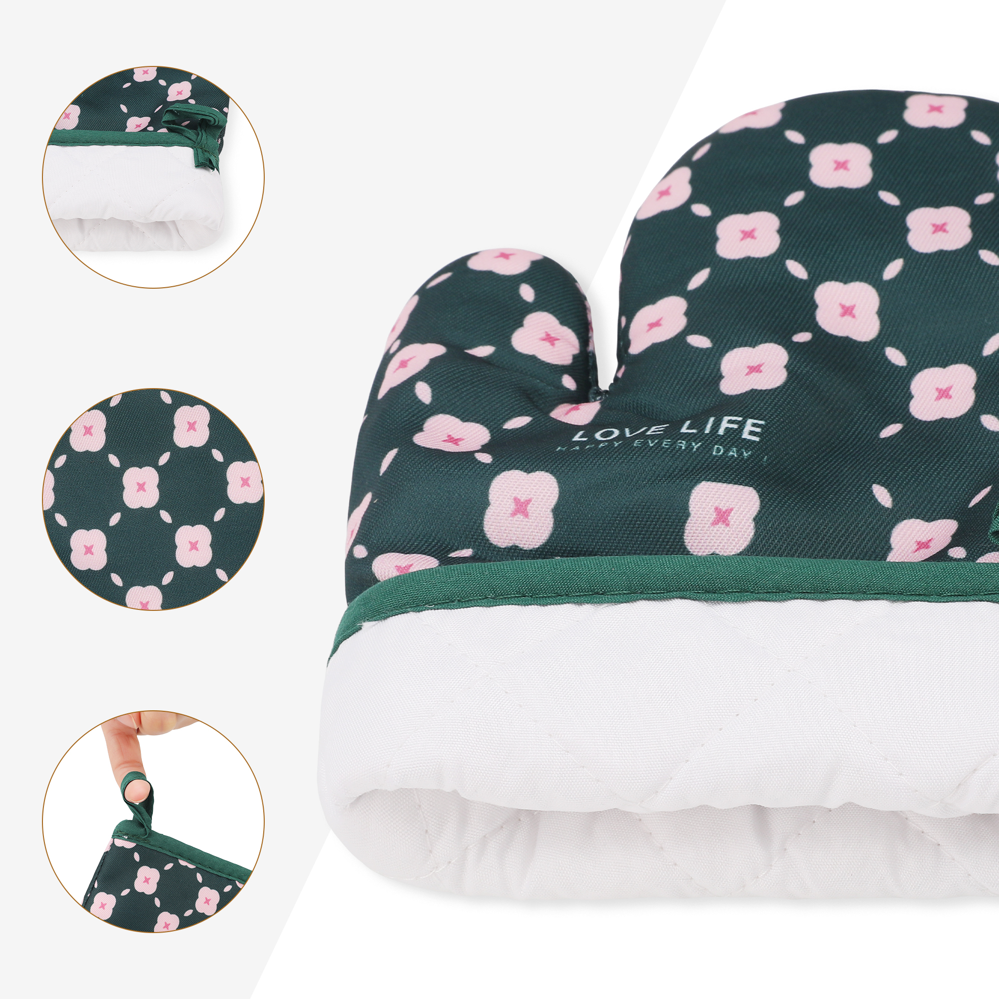 Unique Bargains Soft Floral Heat-Resistant Oven Mitts Cooking Gloves Dark Green