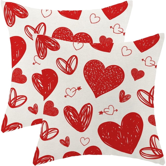 Housses de Coussin Saint-Valentin 18x18 Ensemble de 2, Décor Cœurs Rouges Coussins Décoratifs Saint-Valentin Lin Anniversaire Mariage Housse de Coussin Décorations Saint-Valentin pour Maison Canapé Extérieur