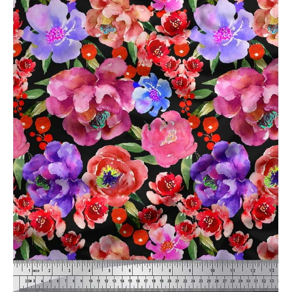Soimoi Black Cotton Duck Fabric Leaves & Pink Floral Watercolor Print Sewing Fabric BTY 42 Inch Wide