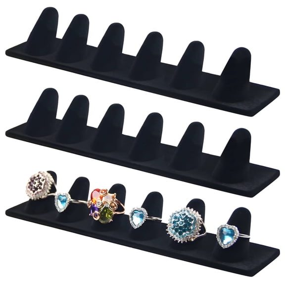 3 Pcs Resin Velvet Ring Displays, Jewelry Ring Display Stands, Black Velvet Ring Holders for Vendors, 6 Slots for Rings, Stable and Stylish Display for Store or Personal Collection