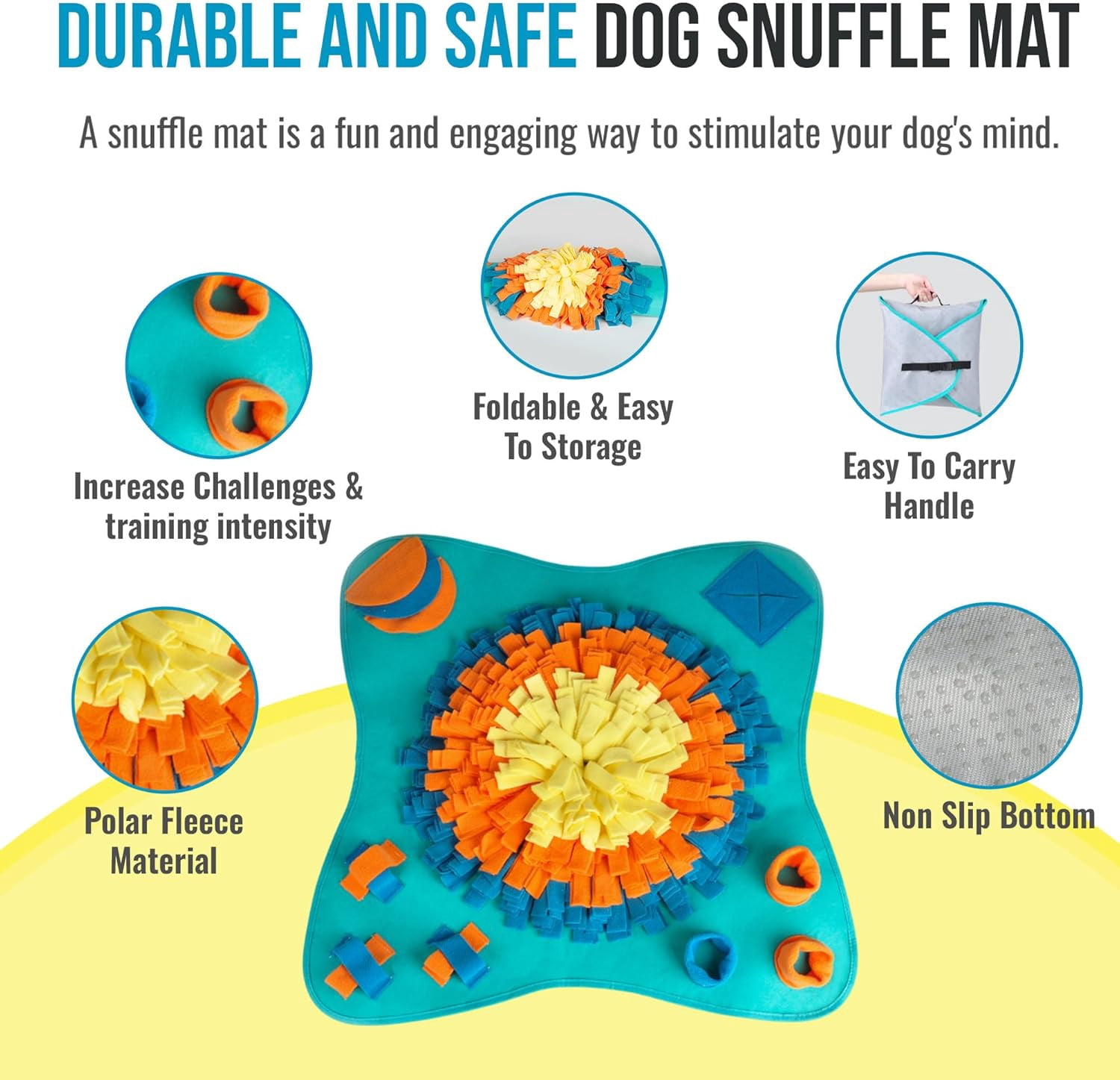 30" Dog Snuffle Mat - Interactive Dog Puzzle Toys for Enrichment - Large Slow Feeder Foraging Mat for Brain Games & Nosework Training - Washable Pet Sniff Mat with Easy to Carry Handle