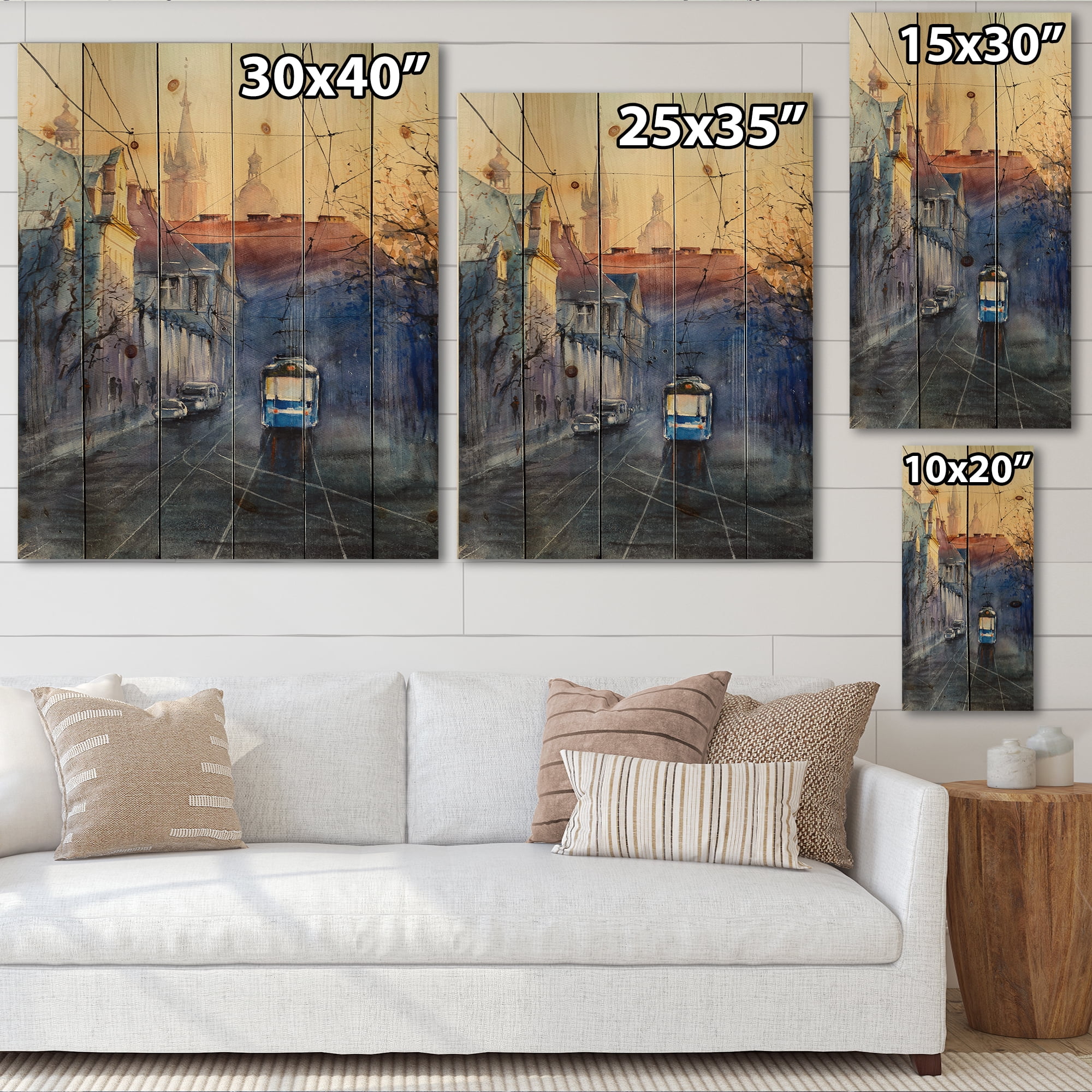 Designart 'Blue Tram At Sunset With Church During Sunset Cityscape' Nautical & Coastal Print on Natural Pine Wood