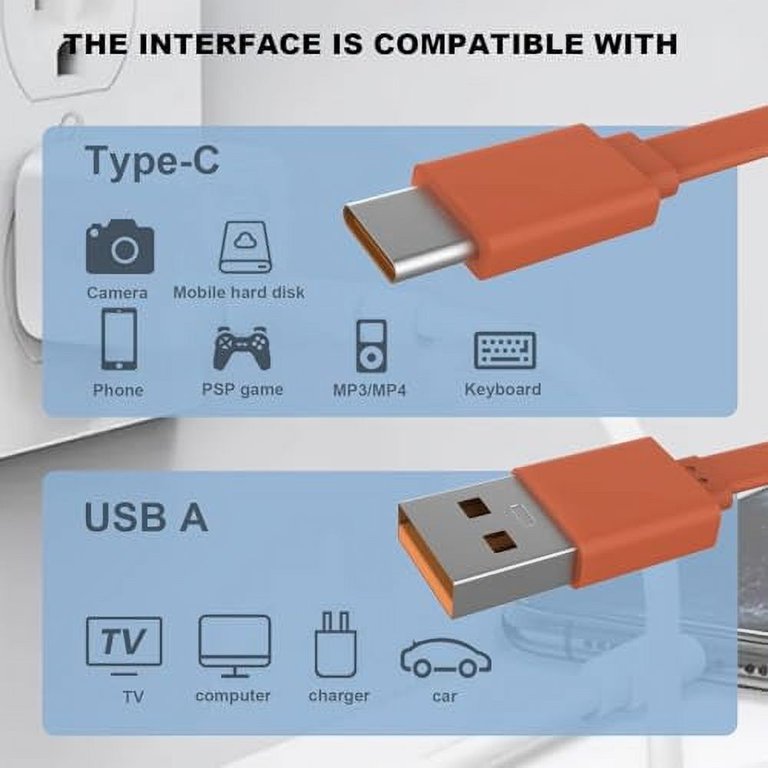 Orange Flat USB Type C Charger Cable for JBL Charge 4/5, Pulse 4