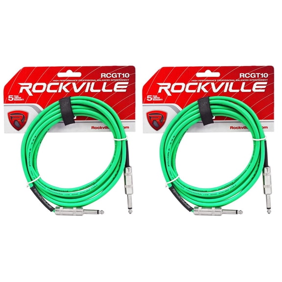 2 Rockville RCGT10G 10' 1/4" TS to 1/4'' TS Guitar/Instrument Cable