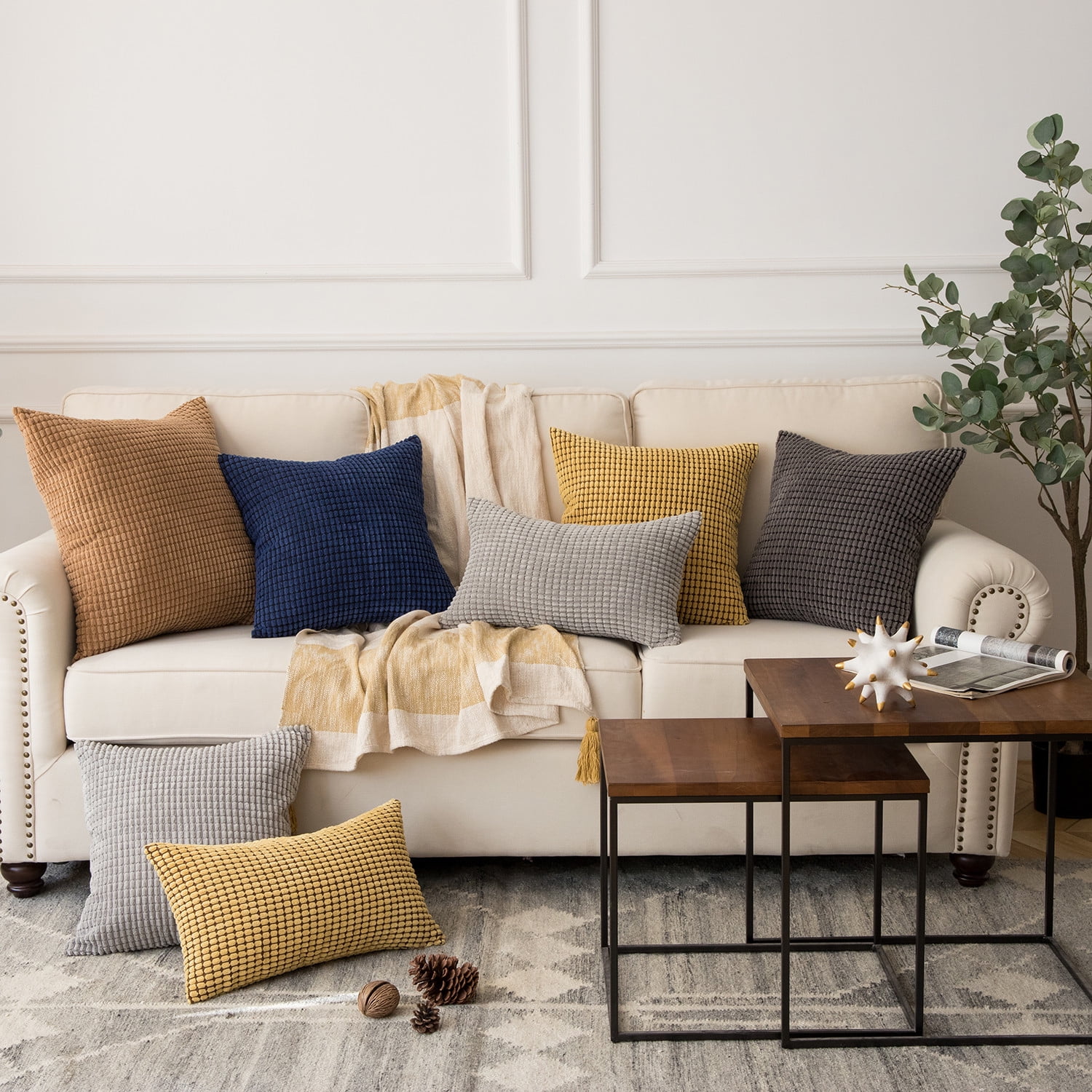 Decorative Throw Pillow Set, Linen Trimmed Farmhouse & Soft Corduroy Striped Velvet Series Bundle, for Sofa Couch Bedroom, Dark Gray & Off White, 18