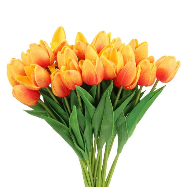 Uxcell 24Pcs Tulipanes Falsos Flores Artificiales, Tulipanes Artificiales de PU que Lucen Reales con Tallos, Naranja