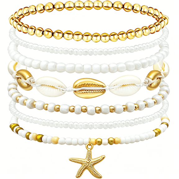 DESIGNICE Shell Summer Beach Bracelets for Women Seashell Bracelets Boho Layered Beaded Bracelets Set Starfish Bracelets Handmade Stretch Bracelets Summer Beach Jewelry Accessories Gifts