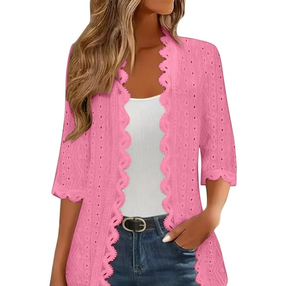 ZHYou Hollow Cropped Knit Cardigans for Women Open Front 3/4 Sleeve Sweaters Casual Long Coats