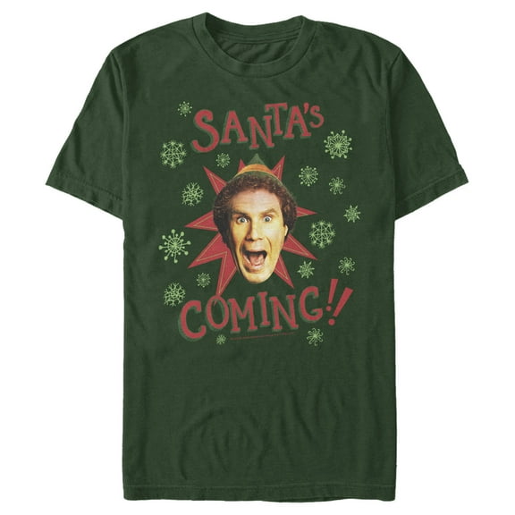 Men's Elf Buddy Santa's Coming  Graphic Tee Dark Green 2X Large