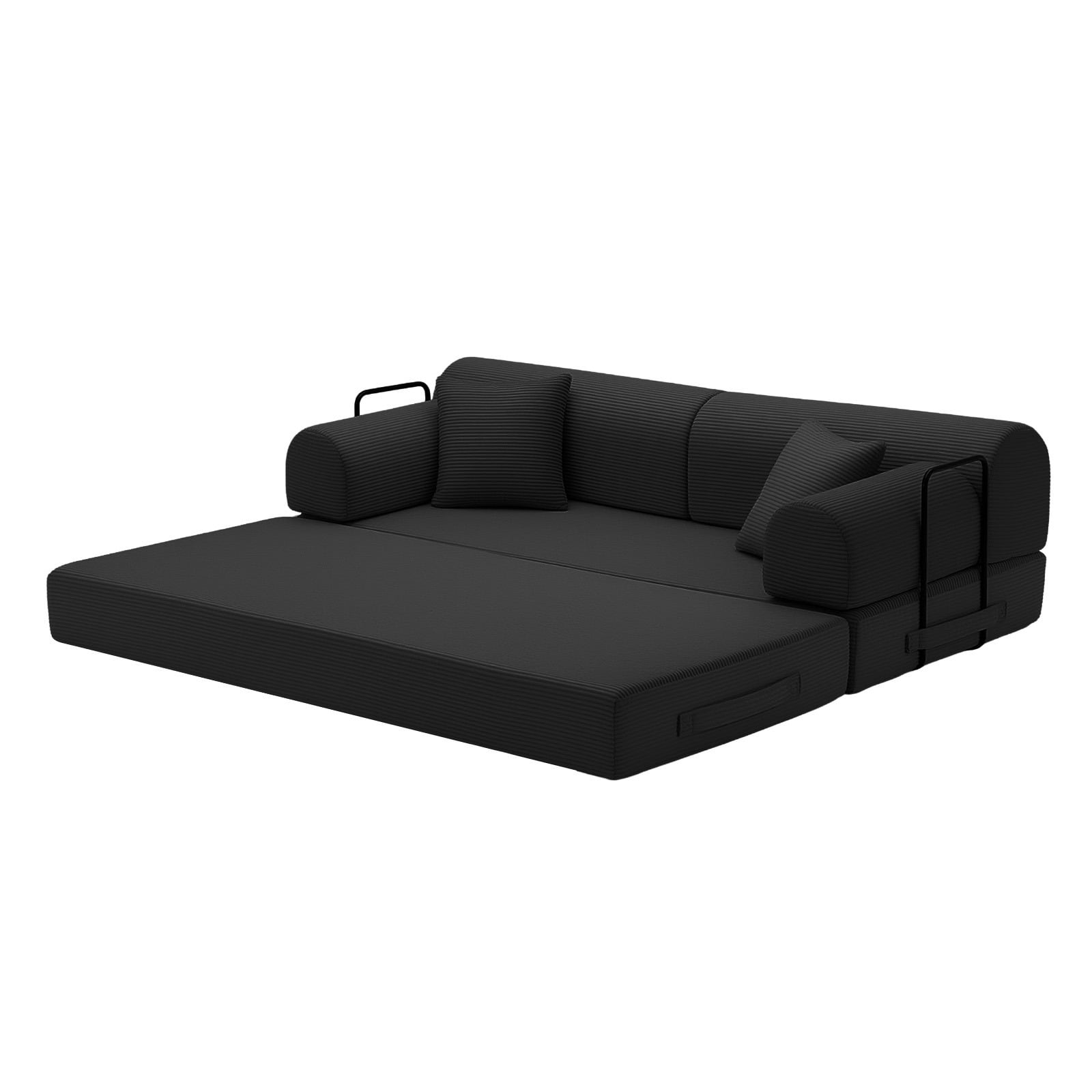 Hommoo Modern Convertible Sleeper Sofa Couch Bed, Compressed Corduroy Fabric Floor Sofa Couch with Fixed-Shape Frame, Black