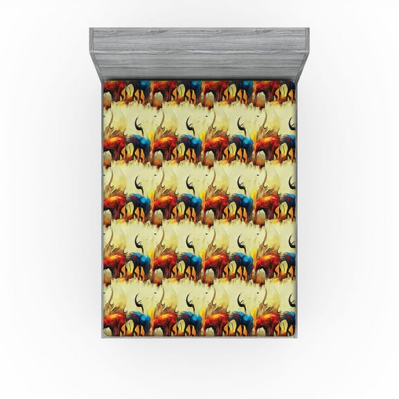 Ambesonne Animals Fitted Sheet, Ancient Elephant Sketch Art, California King, Cream Vermilion and Scarlet