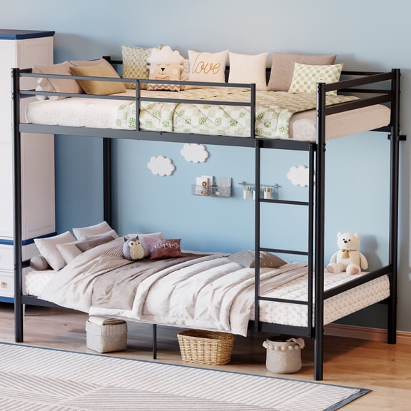 MAYEERTY Twin Over Twin Metal Bunk Bed with Ladder, Space-Saving Bed Frame for Kids Teens Adults, Supports 330 lbs Top & 440 lbs Bottom Bunk, No Box Spring Needed