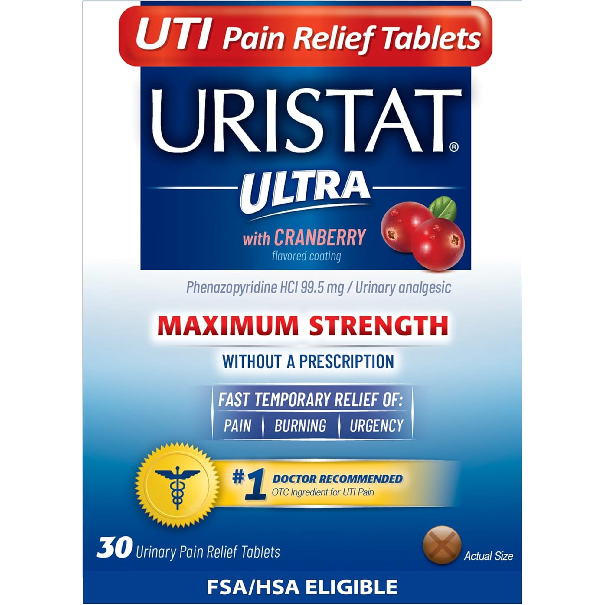Uristat Ultra UTI Pain Relief Tablets, Fast Urinary Tract Infection Relief of Urinary Pain, Burning, Urgency, Maximum Strength, Cranberry Flavored Coating, 30 Tablets